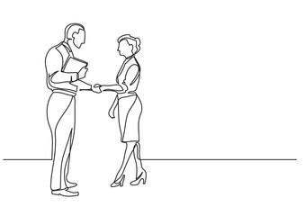 Wall Mural - continuous line drawing vector illustration with FULLY EDITABLE STROKE of  businessman businesswoman handshake