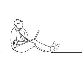 Poster - continuous line drawing vector illustration with FULLY EDITABLE STROKE of  businessman sitting thinking with laptop computer