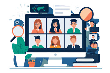 Wall Mural - The illustration is a representation of an individual or a group of people participating in an online education or E-learning session, through a webinar, online video training. Generative AI.