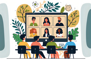 Wall Mural - The illustration is a representation of an individual or a group of people participating in an online education or E-learning session, through a webinar, online video training. Generative AI.