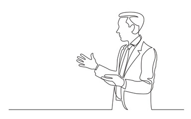 Poster - continuous line drawing vector illustration with FULLY EDITABLE STROKE of  standing man suit presenter showing at screen