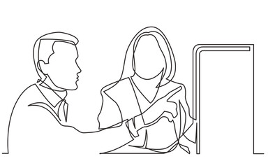 Wall Mural - continuous line drawing vector illustration with fully editable stroke of two office worker discussi