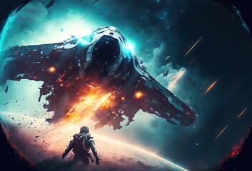 Wall Mural - illustration of an astronaut in space battle field, idea for sci-fi and space punk background wallpa