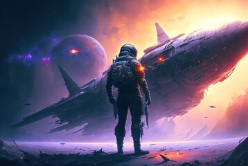Wall Mural - an astronaut in space battle field, idea for sci-fi and space punk background wallpaper, generative 