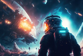 Wall Mural - illustration of an astronaut in space battlefield, idea for sci-fi and space punk background wallpap
