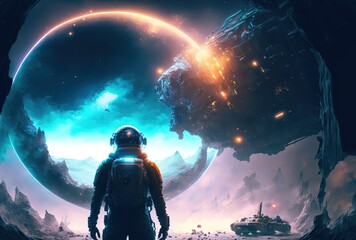 Wall Mural - illustration of an astronaut in space battle field, idea for sci-fi and space punk background wallpa