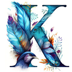 Wall Mural - Capital letter K made of blue feathers, flourishes and water colour paints. Isolated on white background. Colourful alphabet series.  
Digitally generated AI image