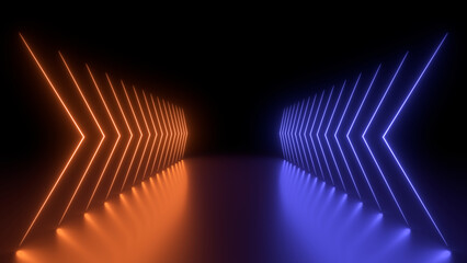 Wall Mural - sci fy neon glowing wave lines in a dark hall. reflections on the floor. empty background in the cen