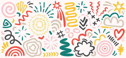 Hand drawn colorful lines flat icons set. Straight or curly line points in particular direction, springs, symbols