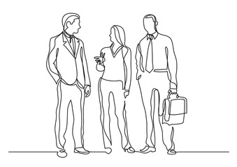 continuous line drawing vector illustration with FULLY EDITABLE STROKE of three business professionals standing talking