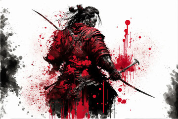  Samurai ink art digital red japan