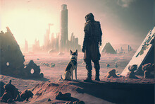 Post Apocalyptic Scenery Showing A Man And A Dog Standing On City Ruins, Digital Art Style Illustration, Cartoonish Style. Post Apocalyptic With Ruined Cityscape. 