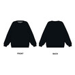 Vector drawing of a black crew-neck sweatshirt. Sweatshirt template front and back view. Illustration of a sports jacket in black color on a white background.