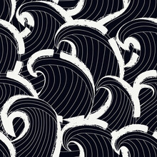 Great Waves Seamless Pattern. Japanese Style Seascape Ornament. Tide Motif Oriental Wallpaper. Hand Drawn Design Nautical Print. Freehand Background