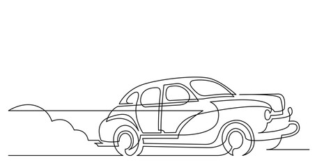 Wall Mural - continuous line drawing vector illustration with FULLY EDITABLE STROKE of vintage racing car driving on dusty road