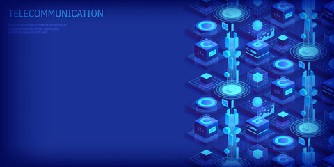 Wall Mural - Telecommunication signal transmitter tower. Future innovative wireless fast network technology concept. Isometric illustration vector design.