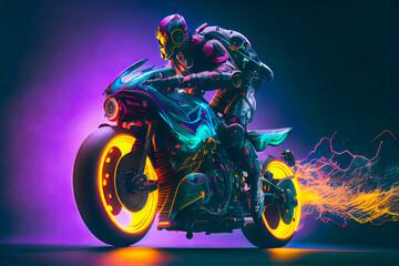 Wall Mural - Crazy futuristic motorbike.  Man On A Motorcycle.  Generative AI.