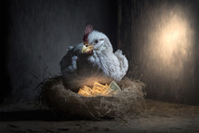 An Illustration Of A Chicken With Money In Her Nest. Generative AI Illustration