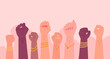 Women fists revolution. Female protesters hands, american womans rights day, feminist banner strong girl fist hand power feminism symbol empowerment convention vector illustration