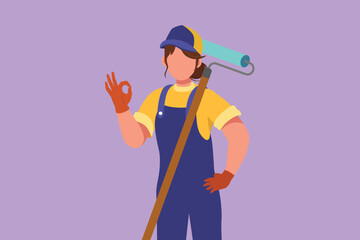 Wall Mural - Character flat drawing of attractive handywoman holding long paintbrush roll with okay gesture is ready to work on painting wall and repairing damaged part of house. Cartoon design vector illustration