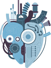 Mechanical Heart. Machine Heart, Love Motor Industrial Pump Complex With Gears Pipe Cables, Robotic Steel Hearts Steam Or Cyber Punk Creative Tattoo, Splendid Vector Illustration