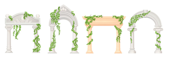 Ivy arches. Historic gardens arc with marble pillar, wedding gate old castle entrance, arch with vines green creeper portal in rome palace or temple ingenious vector illustration