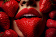Nahaufnahme rote Lippen und Erdbeeren. Generative Ai.