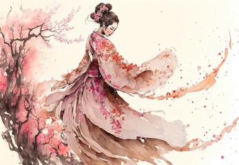 a chinese woman in traditional hanfu dancing by sakura cherry blossom trees, watercolor painting in 