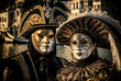 Portrait of two people with golden venetian masks in Venice carnival party. Generative AI.