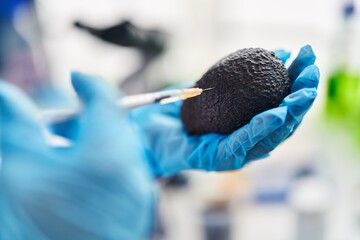 Poster - Middle age woman wearing scientist uniform analysing avocado at laboratory