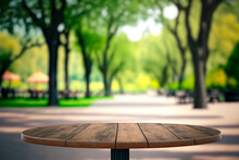 Empty Cafe Table In Park Of Wooden Round Shaped Table At Outdoor Cafe Against Blurred Background Of Green Park. AI Generated Image.