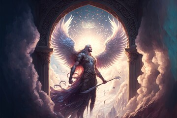 The door to Heaven. Fantasy illustration. God, angels, archangel michael, light. Generative AI