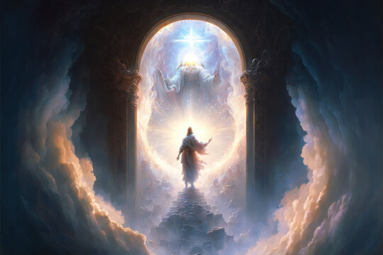 the door to heaven. fantasy illustration. god, angels, archangel michael, light. generative ai