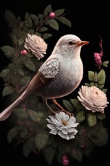 Wall Mural - Bird on flowers, Luxury wallpaper, poster, AI illustration.