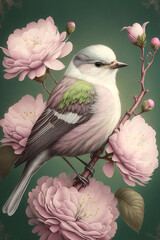 Wall Mural - Bird on flowers, Luxury wallpaper, poster, AI illustration.