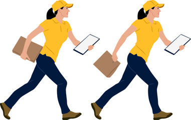 Wall Mural - Set of hand drawn delivery woman running with a package and a clipboard. Vector flat style illustration isolated on white. Full length view