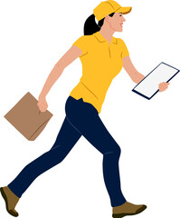 Wall Mural - Hand drawn delivery woman running with a package and a clipboard. Vector flat style illustration isolated on white. Full length view