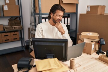 Canvas Print - Middle age man ecommerce business worker using laptop at office