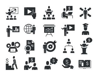 Business training black icons set. Teamwork, partnership and cooperation. Financial Literacy and Management. Conference and presentation. Cartoon flat vector illustrations isolated on white background