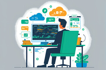 Wall Mural - The illustration is a representation of a business man working on a computer monitor, and it depicts a technology and design concept of smart working online. Generative AI.