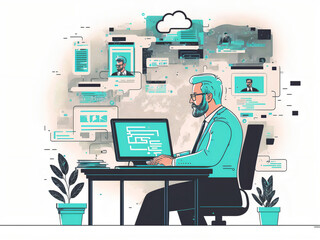 Wall Mural - The illustration is a representation of a business man working on a computer monitor, and it depicts a technology and design concept of smart working online. Generative AI.