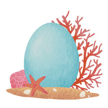 Blue Easter Egg On Sand Beach With Coral Reef, Starfish And Seashell Watercolor Illustration For Decoration On Tropical Easter Festival.