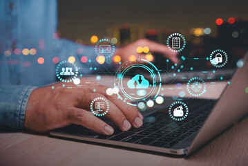 Fototapete - business man using laptop with virtual cloud system diagram on screen , cloud network link connection from node to node