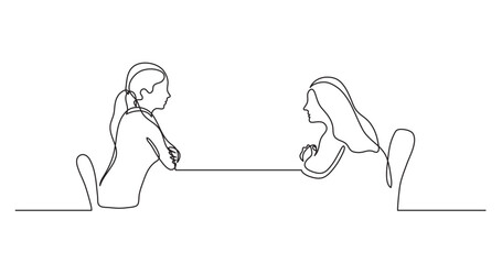 Sticker - continuous line drawing vector illustration with FULLY EDITABLE STROKE of two young women sitting behind table talking