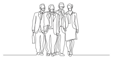 Wall Mural - continuous line drawing vector illustration with FULLY EDITABLE STROKE - business team walking wearing face mask