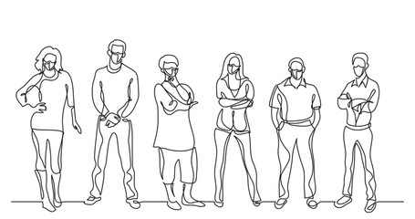 Wall Mural - continuous line drawing vector illustration with FULLY EDITABLE STROKE - diverse crowd of standing people wearing face mask