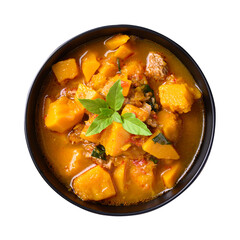 Wall Mural - Thai spicy pumpkin curry soup with pork in bowl on transparent png