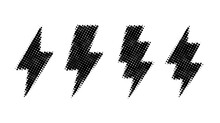 Halftone Lightning Bolt Set. Black Grunge Thunderbolt Collection. Textured Flash Symbols. Comic Lightning Strike Signs. Vector 