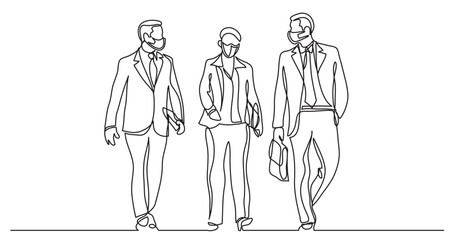 Wall Mural - continuous line drawing vector illustration with FULLY EDITABLE STROKE - three business execitives walking together wearing face mask