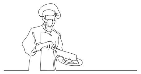 Sticker - continuous line drawing vector illustration with FULLY EDITABLE STROKE of chef cooking meal wearing face mask